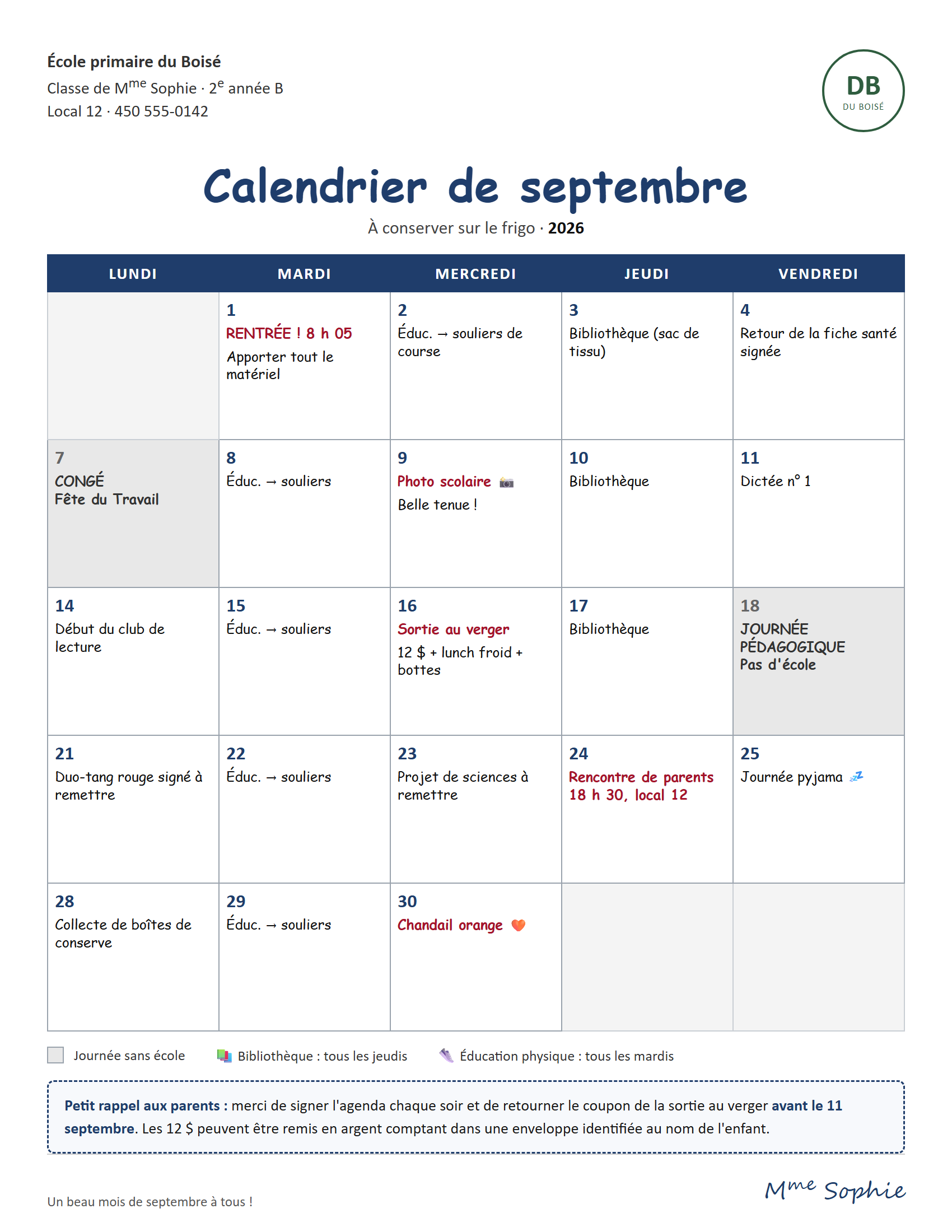 Calendrier du mois de la classe déposé